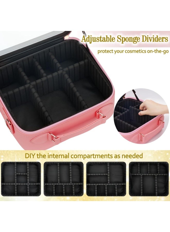 DubaiGallery صندوق تنظيم المكياج مع مرآة بإضاءة LED، حقيبة تخزين مستحضرات تجميل واسعة مع فواصل قابلة للتعديل، حقيبة تجميل سفر متينة للنساء، فناني المكياج واحتياجات المكياج اليومية - Image 3